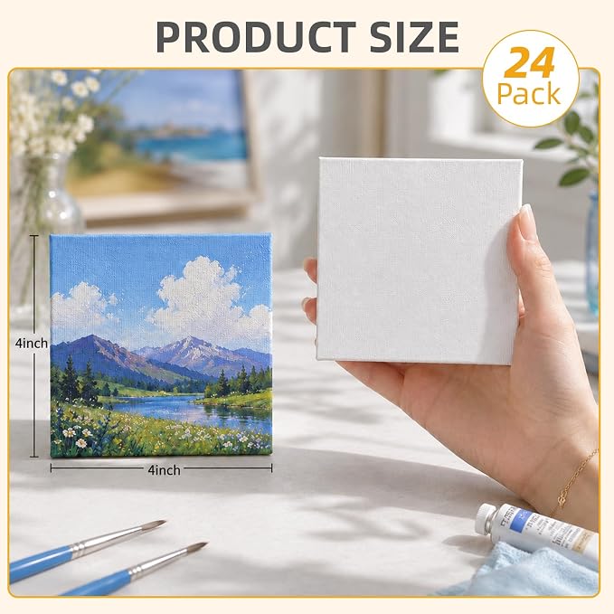 CONDA 24 Pack 4x4 Inch Mini Blank Canvas for Painting, 100% Cotton Canvas with Pinewood Frame, Acid-Free Primed Mini Square Canvas for Acrylic Oil Painting, Classroom Art & Party Decor