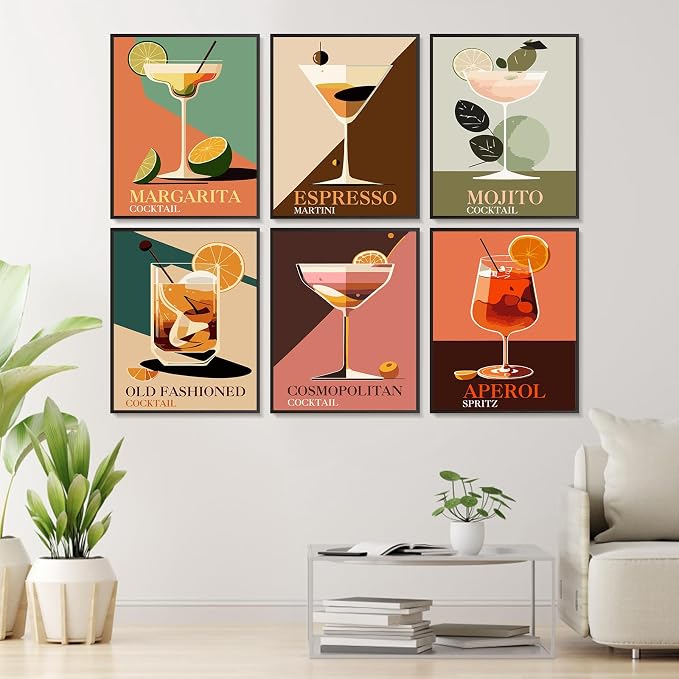 Offito 6 Pack Paint by Numbers Kit for Adults, Retro Cocktail, 8x10 Inch | Acrylic Vintage Drink Number Painting, DIY Canvas Art Craft Kit for Beginner, Home Decor, Stress Relief Relaxing Hobby Gift