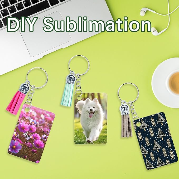 GEKIXUTP 80 Pcs metal Sublimation Keychain Blanks Bulk,Double Sided Sublimation Blanks Keychain Heat Transfer Keychain Blanks with Tassels,Sublimation Ornament Blanks key chain