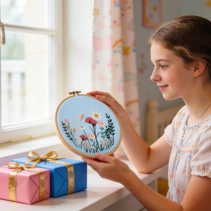 Flower Embroidery Kits for Beginners Adults, Hand DIY Embroidery Art Kits, Floral Stamped Cross Stitch Kits for Beginner Adults Craft Kits for Women, Entire Set of Embroidery Supplies & Video Tutorial