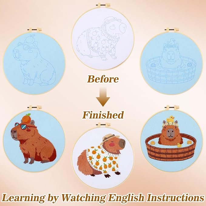 Mindsoft 3 Set Needlepoint Kit for Beginners with Hoop,Capybara | Bamboo Hoop Thread Needles Instructions, Easy Hand Embroidery for Beginners Home Crafts,Pre-stamped Funny Cute Designs