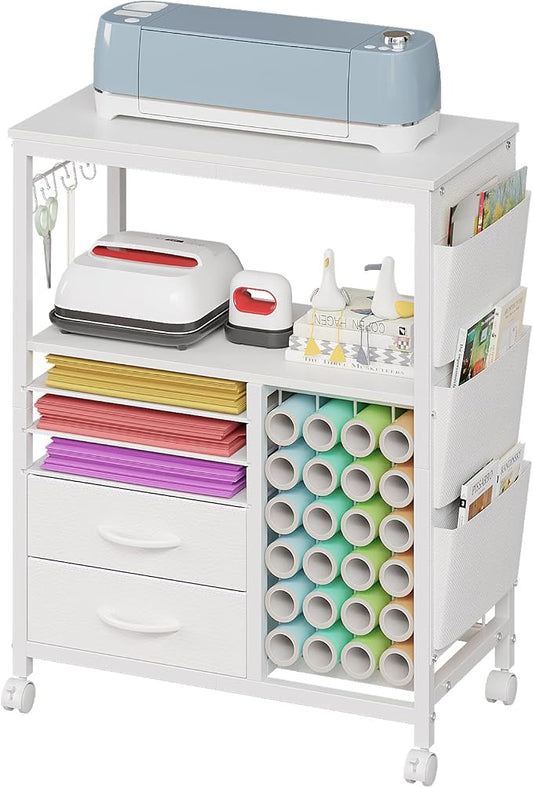 Craft Organizer and Storage Cart Compatible with Cricut Machine Stand Rolling Craft Cabinet Table with Drawers Shelf Vinyl Roll Holders Accessories Holder Tool Hooks for Craft Workstation Room-White