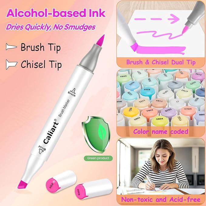 Caliart 18 Colors Alcohol Markers Brush & Chisel Art Markers for Adults | Dual Tips Alcohol-based Art Pens for Artist Beginners Hobbyists, Coloring Book Illustration Sketch Drawing Art Supplies Gifts