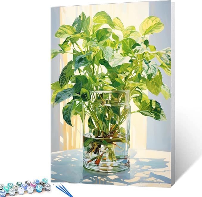 Tucocoo Green Plants in Glass Vase Oil Painting Paint by Number Kits 16 x 20 inch Canvas Plants DIY Oil Painting for Kids Students Adults Beginner with Brushes and Acrylic Pigment (Without Frame)