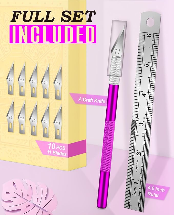 DIYSELF Craft Hobby Knife Set with 10 Extra #11 Blades, 6-Inch Metal Ruler | Exacto Knife for Crafting, Precision Cutting for Polymer Clay, Paper, Vinyl, Stencils & Models, Artists & Hobbyists, Purple