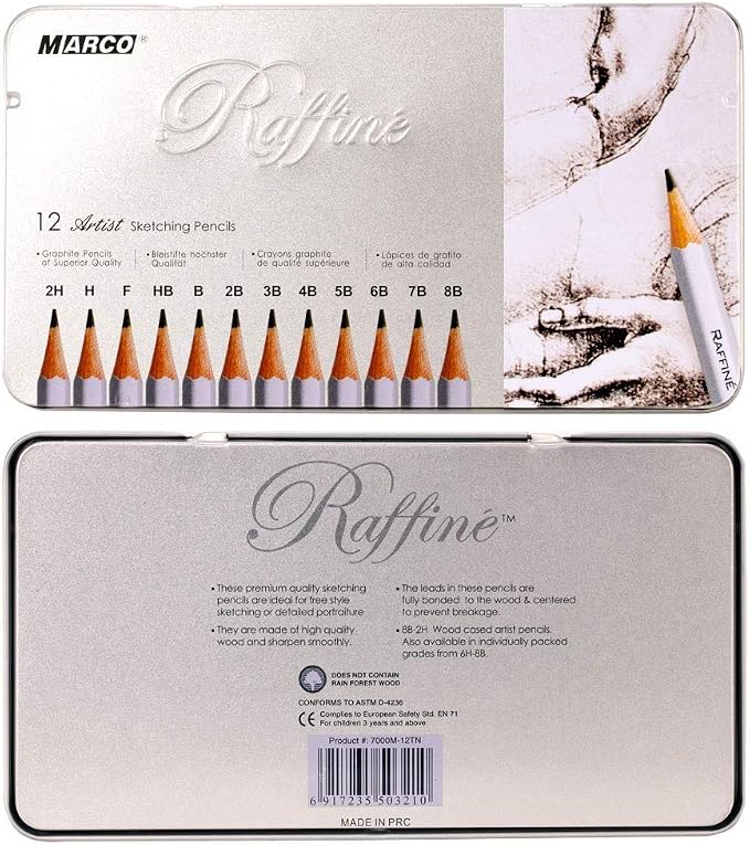 Raffine Artist Graphite Pencils Set for Drawing, Sketching, Writing, Tin Gift Box, 12 Degree Set -2H, H, F, HB, B, 2B, 3B, 4B, 5B, 6B, 7B, and 8B (12 pc)