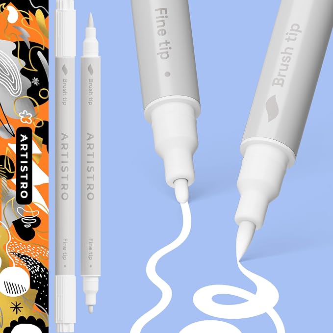 ARTISTRO White Dual-Tip Acrylic Paint Pens - Set of 2 | 1mm Fine & Brush Tips, Multisurface Markers, Perfect for Glass, Rock, Fabric, Wood, Plastic, & More