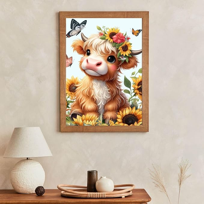 Yanfairy Highland Cow Diamond Art Kits for Adults, Round Full Drill Paint with Diamond Gem Art Crafts Kits, DIY Cow Sunflower 5D Diamond Painting Kits, Beginners Diamond Dots Wall Decor 12x16inch