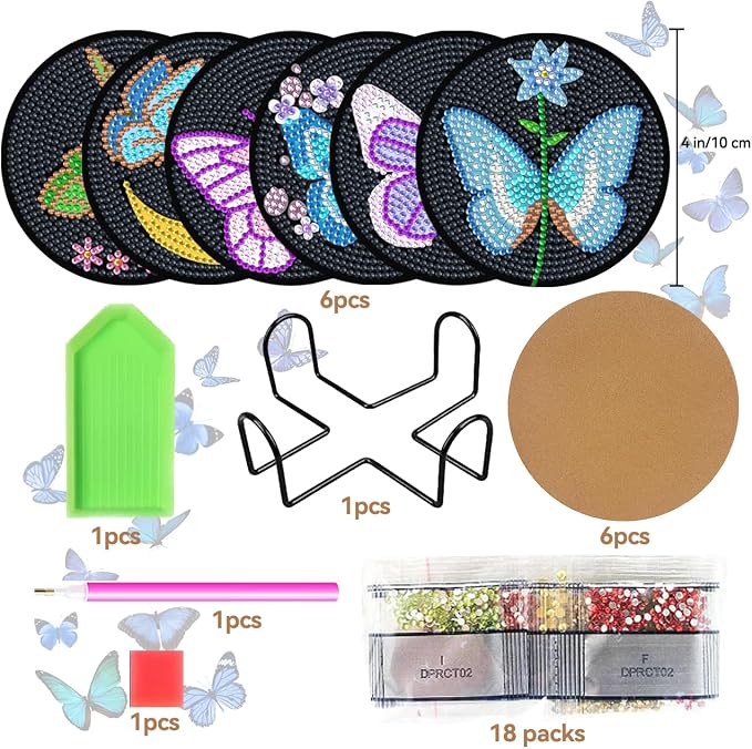 Vcekract 6 Pcs Butterfly Diamond Art Coasters Kit for Adults | Diamond Painting Coasters with Holder & Protective Backing, Diamond Art Adult Crafts for Table Home Decoration