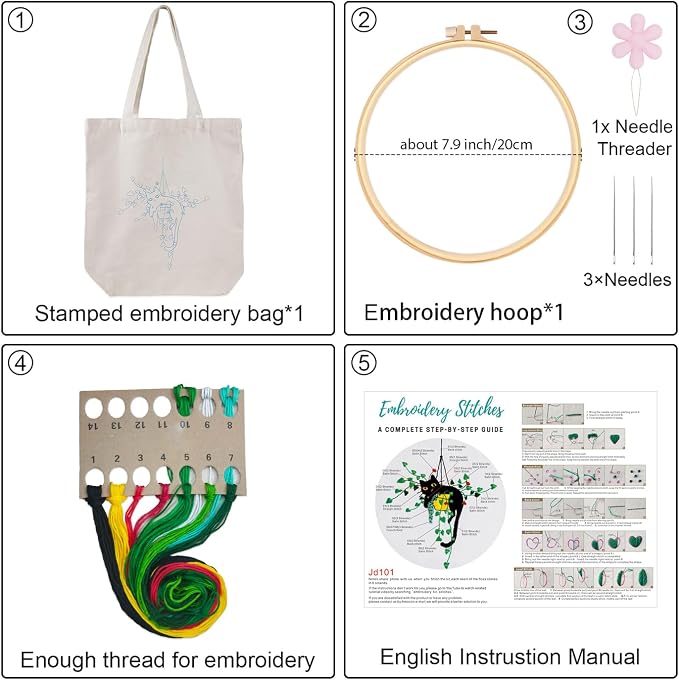 Louise Maelys Plant Cat Embroidery Kit Canvas Tote Bag for Beginners