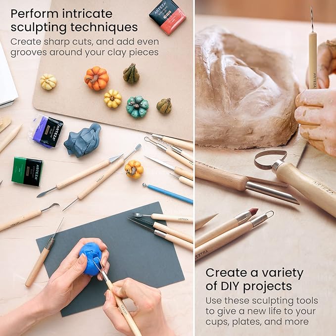 ARTEZA Pottery & Sculpting Tools, 42-Piece Clay Tools Set with Wooden Handles & Steel Tips for Polymer Clay, Ceramics, Carving, Modeling, Shaping & Smoothing | Wooden Handles, Steel Tips, Loop, Ribbon, Shaping and Detailing Tools, For Ceramics, Carving...