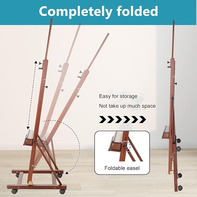 Beechwood H-Frame Artist Studio Easel with Wheels and Storage Tray, Brown