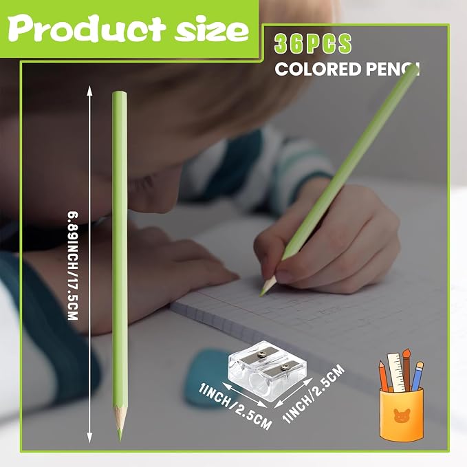 36 PCS Macaron Green Colored Pencils Pre Sharpened Pencil 2 HB - Ideal for Checking, Grading, Tests & Office/School Supplies