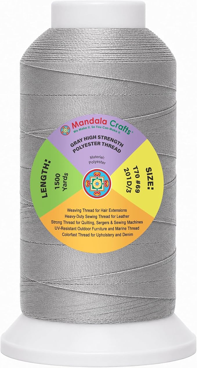 Mandala Crafts Gray Tex 70 Polyester Heavy Duty Thread for Upholstery | 1500 Yds T70 UV Resistant Strong Thread for Leather Sewing, Marine, Drapery, Jeans, Hair Weaving & Extension, Outdoor