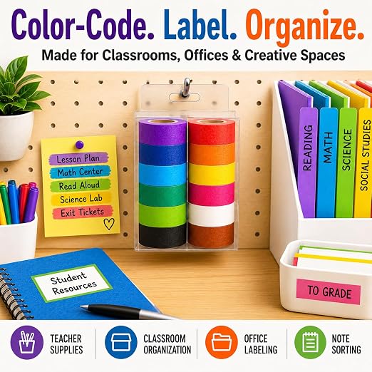 Colored Masking Tape 1 Inch, 12 Rolls, 12 Colors, 264 Total Yards