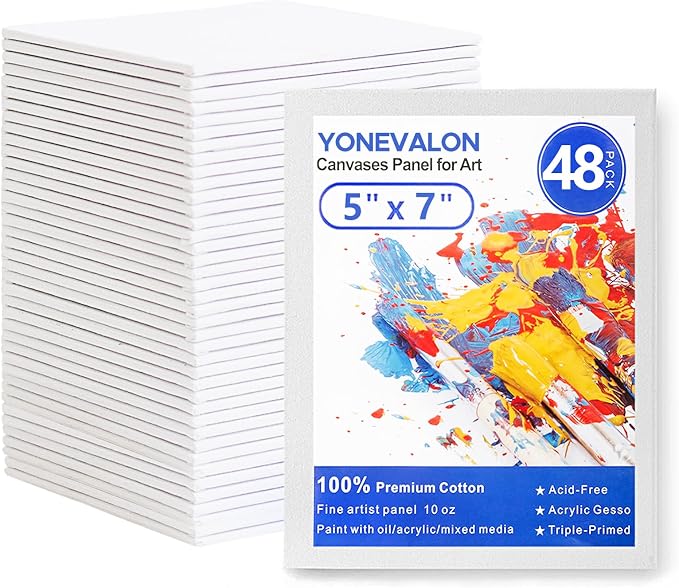 Small Canvases for Painting 5x7 inch, 48 Pack Bulk Mini Paint Canvas Boards | Blank Canvas Panels, Gesso Primed Acid-Free 100% Cotton, for Oil, Watercolor, Acrylic, Art Supplies