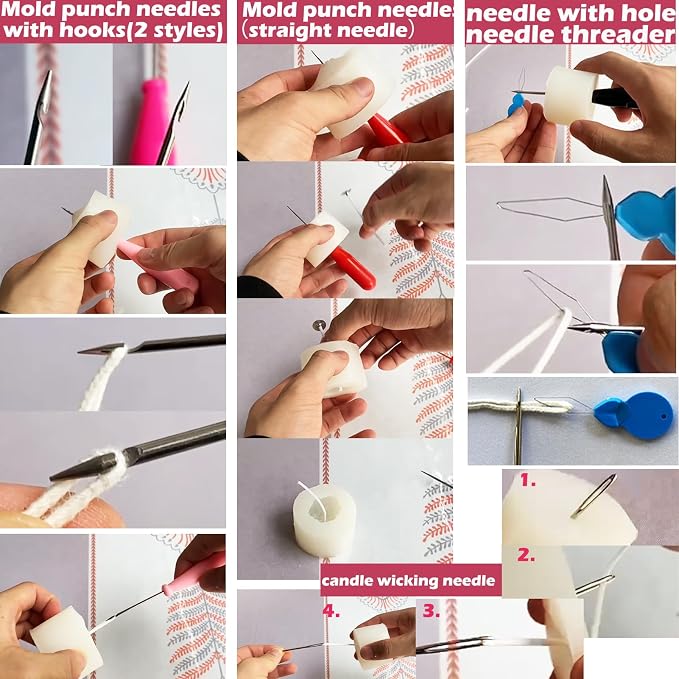 TYMKLMZG 16 PCS Silicone Mould Hand Drill Adjustable Long Needle Punch Wicking Needle Tools Candle Mold Punch Tool with Hook & Eye Candlewick Inserting Tool Tweezers Threader for Candle Making