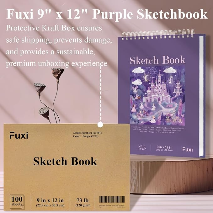Purple Sketch Book for Women - 9"x12" Girls Sketchbook, 100 Sheets (73lb/120gsm) Drawing Paper for Kids, Art Supplies for Girls Ages 8-12, Beginners, and Adults, Mothers Day Gifts,1-Pack.