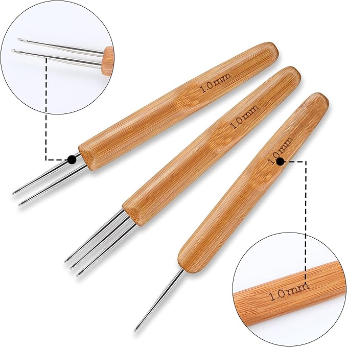 AUGSUN Dreadlock Crochet Hook Tool 1.0mm Hair Crochet Needle for Locs | 3 Dreadlocks Needle, 2 Locking Tool, Bamboo and Stainless Steel, Hair Braid Craft DIY, Dreadlock Locs Weaving Hair Extension