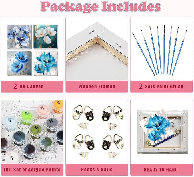 4 Pack Flowers Paint by Number for Adults Kids Framed, Easy Acrylic Adults Paint by Numbers Kits on Canvas with Paints and Brushes, Small Flowers Arts and Crafts Kits for Home Wall Decor (8 x 8 Inch)