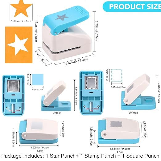 BAOFALI3Pcs Stamp Paper Punch Set |Stamp Punch1x0.8inch | Square Punch1X1 inch|Star 1.4x1.4inch Embossing Punch for Paper Crafting Scrapbooking DIY Card Making Arts Crafts Supplies