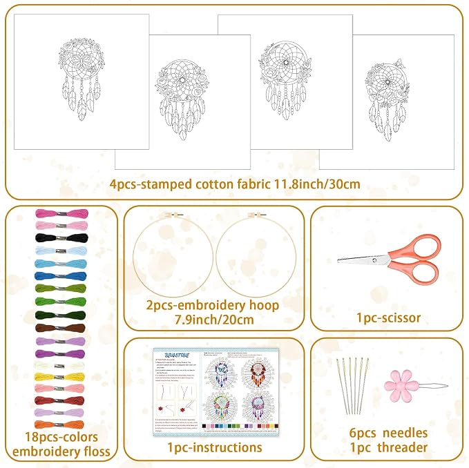BEUNITONE 4 Set Dream Catcher Embroidery Kit for Beginners 7.9"x7.9" | DIY Craft Kits for Adults Women with Embroidery Hoops, Instructions, Handmade Needlepoint Kits for Craft Lover and Home Decor
