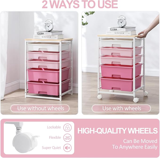 SYKIARIOL Utility Cart with Drawers,5 Drawers Storage Cart,Rose Pink | 5-Tiers Drawer Cart with Wooden Top with Lockable Wheels for Craft Organizers and Storage,Home Office,Classroom,Dorm,Playroom
