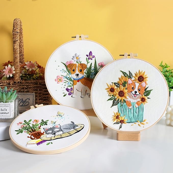 GLTAYLMY Dogs Embroidery Kit for Beginners with Pattern and Instructions,3 Pack Cross Stitch Kits,1 Plastic Embroidery Hoops,Threads and Needles,Needlepoint Kit for Adults