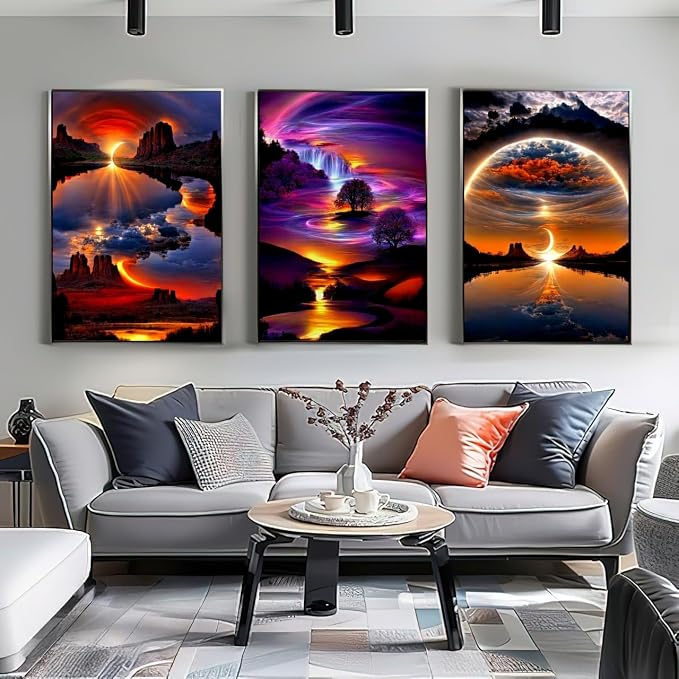 3 Pack Sunrise Diamond Painting Kits for Adults,5D Diamond Art Sets | Landscape DIY Full Drill Round Gem Painting Diamond Art for Adult Beginners, Home Wall Decor 12x16 Inch