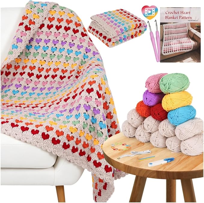 Arborthread Blanket Crochet Kit for Beginners, Crochet Heart Blanket Kit w/Premium Yarns, Detailed Video & Instructions for Adults & Kids – Featuring a Colorful Rainbow Heart Pattern and Edging