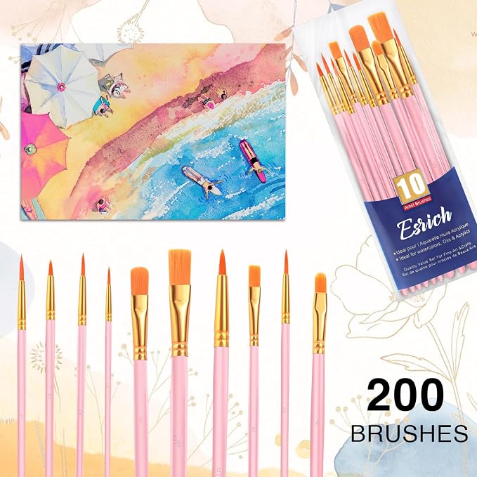 ESRICH 200PCS Pink Paint Brushes, Paint Brush for Acrylic Painting | Artist Paintbrushes for Oil Watercolor, Body Face Rock Canvas, Small Paint Brushes for Kids