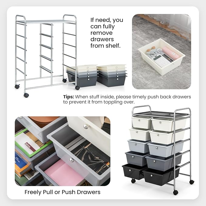 Giantex 10 Drawers Rolling Cart, Classroom Organizers, Storage Cart with Wheels, for Teacher Office Home School Supplies Tool Craft Art Paper, Gray Gradient
