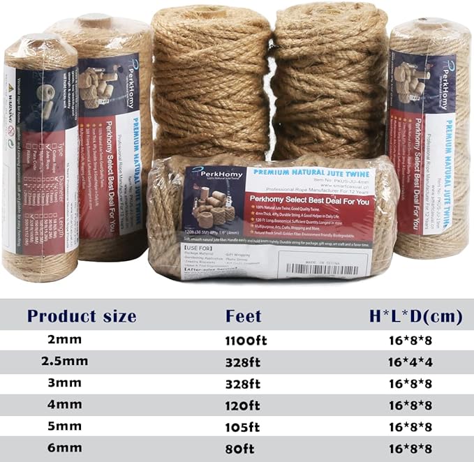 PerkHomy 5mm Jute Rope 105 Feet Twisted Heavy Duty and Thick Twine Rope for Cat Scratcher Scratching Post Tree Craft Projects Gardening Home Decoration Packing Bundling (105FT * 5mm) (Pack of 3)