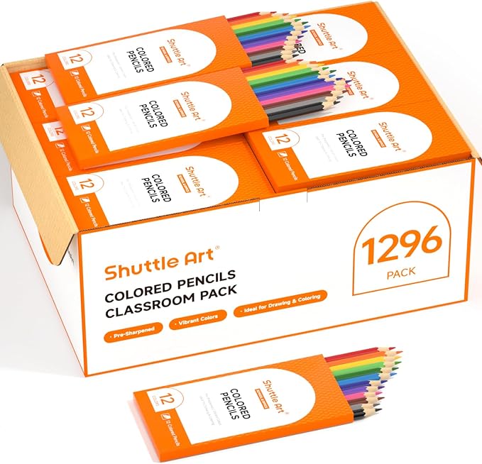 Shuttle Art 1296 Colored Pencils Bulk, 12 Colors, 108 Pack for Classroom | Pre-sharpened pencils, vibrant colors, bulk colored pencils for kids and classrooms