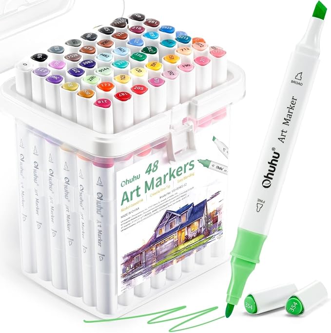 Ohuhu Alcohol Markers Fine& Chisel 48 Landscape Colors for Beginners Adults | Art Marker Set for Cozy Coloring Illustration Drawing Sketching, Dual Tips Alcohol-based Markers, Great Value Pack