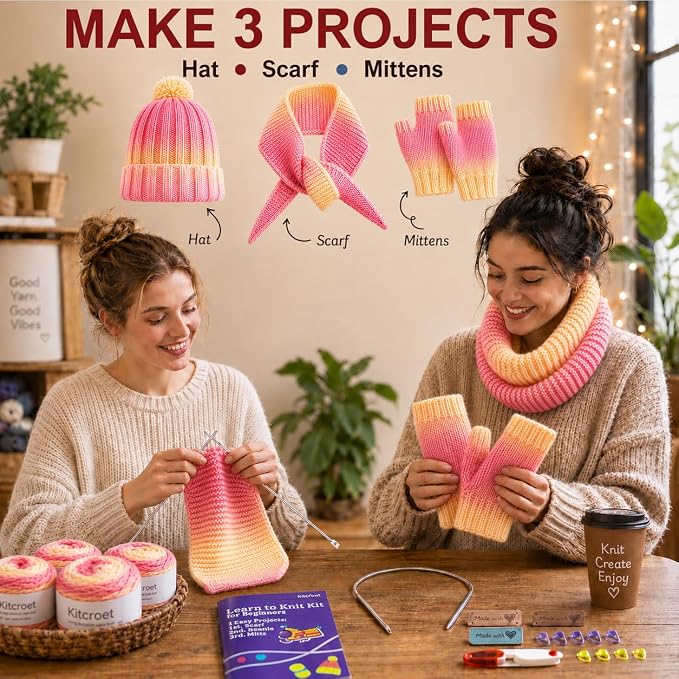 Knitting Kit for Beginners, Complete Starter Kit for Scarf, Hat, Gloves | Kitcroet Knitting Kit Video Tutorials & Written Guide; 2 Types of Needles & Knitting Accessories; 25% Extra Yarn Included