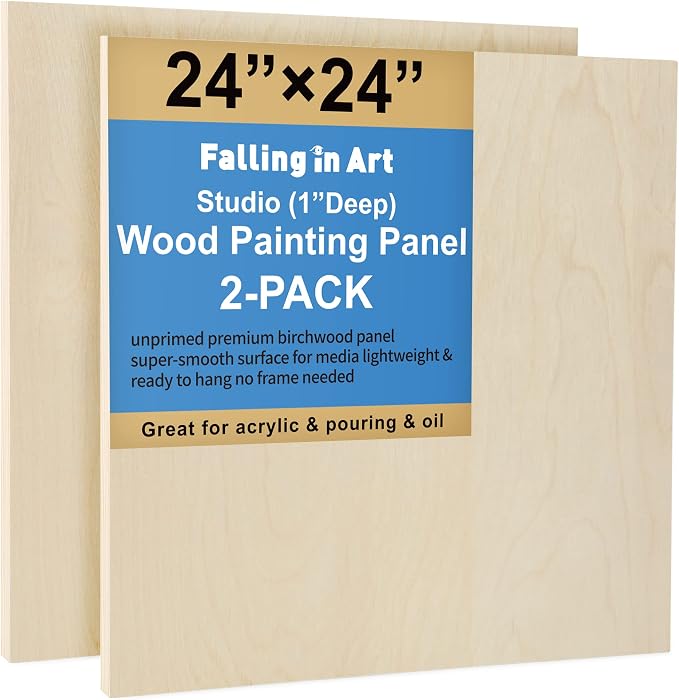Falling in Art 2 Pack 24x24 Unfinished Birch Wood Panels Kit for Painting | Studio 1’’ Deep Wood Canvas, Cradle Boards for Acrylic Pouring, Art, Crafts, Epoxy Resin, Laser Engraving Cutting