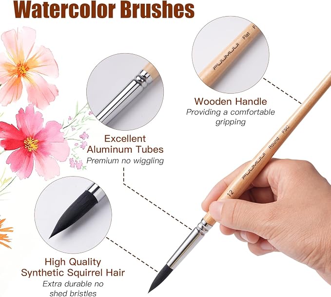 Watercolor Brush Set, Fuumuui 10pcs Professional Synthetic Squirrel Paint Brushes for Artists - Flat, Round Pointed, Dagger, Cats Tongue Oval Wash