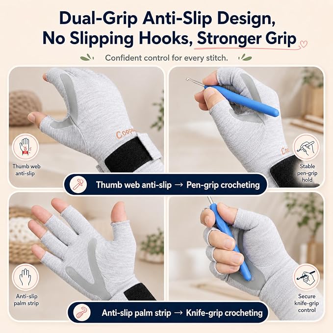Coopay Crochet Gloves, Fingerless Compression Gloves with Anti-Slip Grip, M | Ergonomic Crochet Accessories for Hook Control, Knitting & Crafting, Left and Right Hand Design, 2 Pcs
