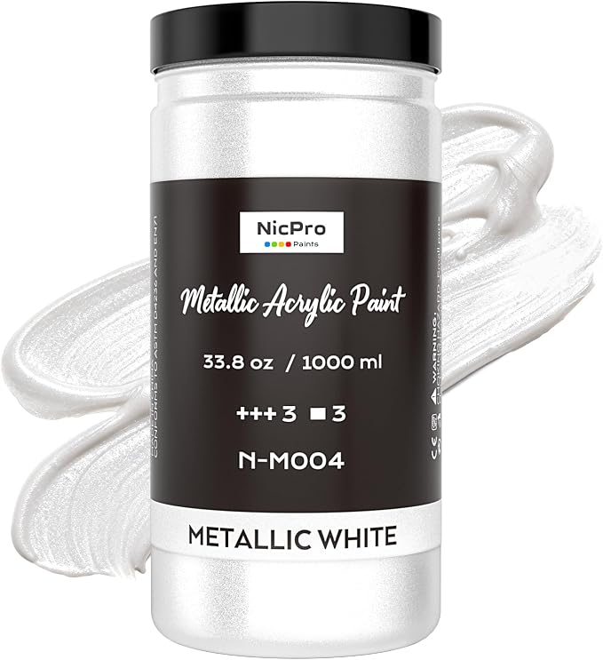 Nicpro Metallic Pearl White Acrylic Paint, 33.8oz/1000m Large Craft Paint | Non Toxic Non Fading Pearlescent White Paint for Metal Wood Clay Fabric Canvas Ceramic Furniture Handcraft Art Supplies