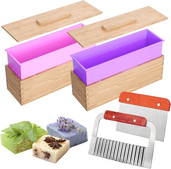 Silicone Soap Molds with Upgraded Wood Box, Bar Rectangle Loaf Soap Mold with Cutters, Homemade Soap Making Supplies Tools Kit for Adults Beginners (Mold only)