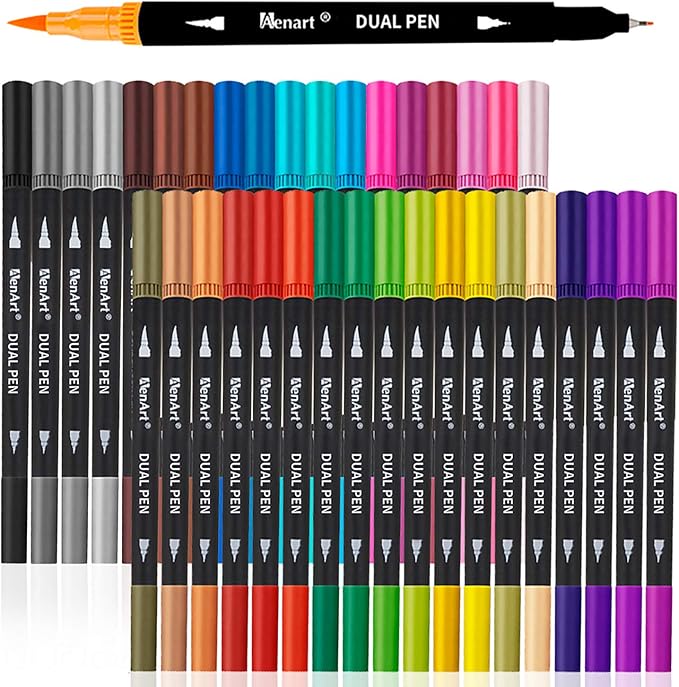 36 Dual Brush Markers for Adult Coloring Books, Double Tip Pens Art Set | Fine & Brush Tips Pen for Journaling, Calligraphy, Drawing , DIY Craft Supplies for Gifts Trendy Stuff