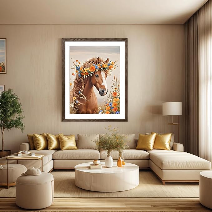 PINFFSHU 5D Diamond Painting Kits for Adults Beginners - Beautiful Horse with Floral Crown，Full Drill DIY Sparkling Gem Art Craft with Tools, Home Wall Decor, Unique Gifts for Women, 12x16 Inch