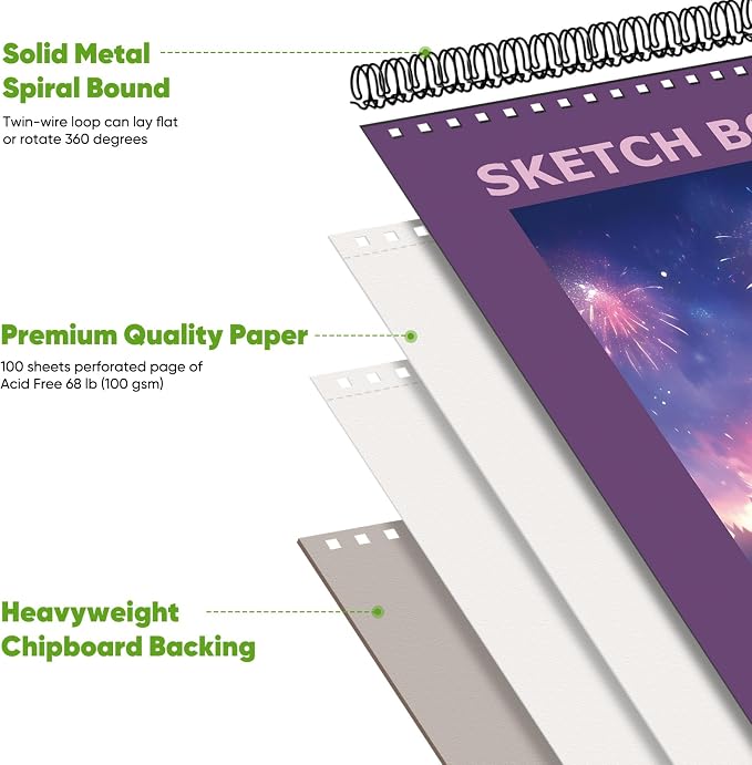 Soucolor 9"x12" Sketch Book for Women,Purple Girls Sketchbook | Fine-Textured|100 Sheets (68lb/100gsm) Drawing Paper| Art School Supplies for Kids,Beginners, and Adults