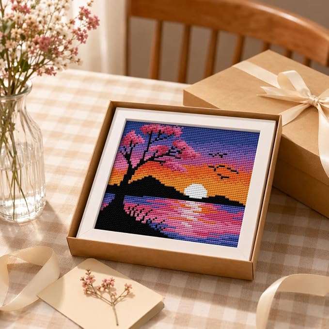 Sunset Landscape Stamped Cross Stitch Kits for Beginners Adults with Framed | Cherry Blossom Needlepoint Counted Cross Stitch Kits for Beginners Adults Embroidery Kits Arts and Crafts 6 x 6 inch