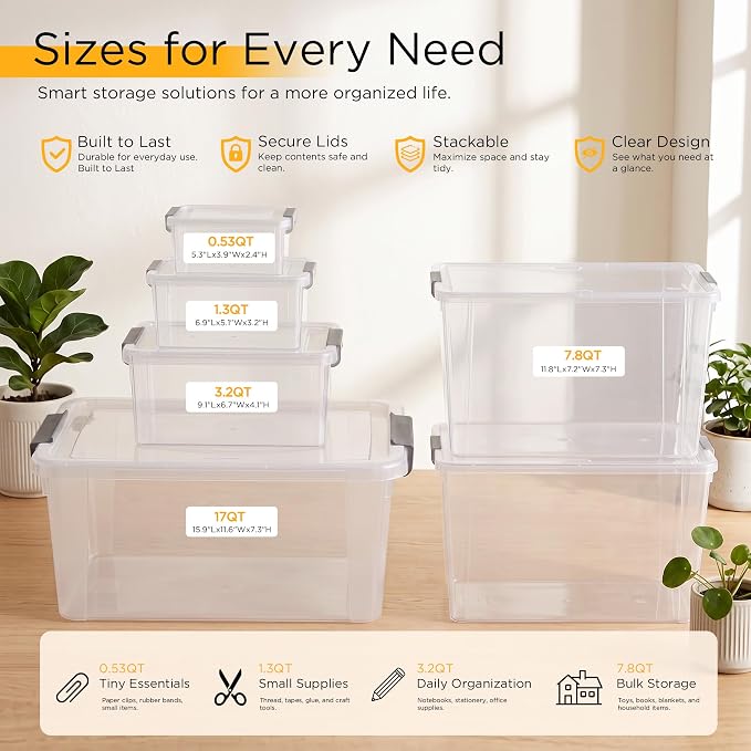 Citylife 6Packs 7.8Qt Plastic Storage Bins with Lids, Clear Organizer