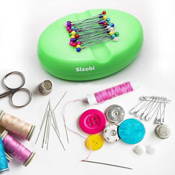 Sizobi Magnetic Pin Holder, 2.8" x 4", 130-Piece, Green (for Sewing, Quilting Pins, Nails, Screws, Hair Pins, Paper Clips)