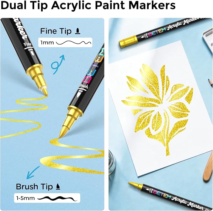 Betem 2 Gold Colors Paint Markers for Glass, Dual Tip Acrylic Paint Pens | Window, Fabric, Wood, Rock, Canvas, Acrylic Markers with Fine & Brush Tip, Art & Craft Supplies, Wine Glass Markers