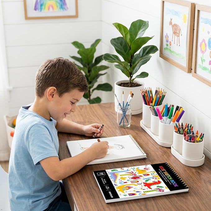Soucolor Sketch Book for Kids, 9" x 12" Kids Sketchbook, Boys & Girls Gift | 100 Sheets Tear-out Acid-Free Drawing Paper |Spiral bound Smooth Paper for Pencils Markers Crayons, Art Supplies for Kids 3+