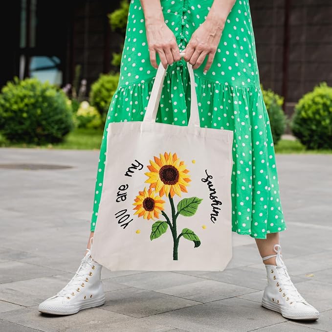 Louise Maelys Embroidery Kit Canvas Tote Bag with Sunflower Pattern